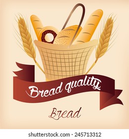 An isolated basket with a lot of bakery products and a ribbon with text