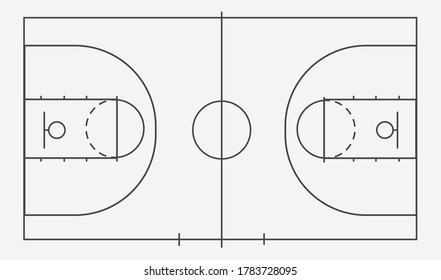 Isolated basketball court ball game on a white field. Competitive sport on the site. Stadium with black markings. Vector stock graphics. To plan a strategy for sites and applications.