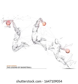 Isolated Basketball Player On White Background . Abstract Slam Dunk Motion. Low Poly Wireframe Digital Vector Illustration. Three Positions Of A Slam Dunk Jump. Polygons, Particles And Connected Dots.