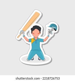 Isolated Bat And Helmet Showing Cricket Male Player Sitting On Grey Floor In Sticker Style.