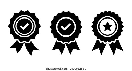 Isolated batch icon set with verified and approved medal symbols. A collection of quality certified badges in various styles. EPS 10.