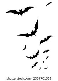 Isolated bats black silhouettes flying on white background. Design element, halloween