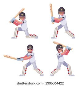 Isolated batting sport game cricket batsman baseball ball bat characters set flat design vector illustration