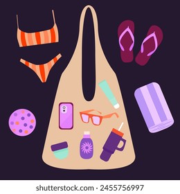 Isolated beach elements, beach bag, sunglasses, swimsuit, cream, mobile phone, ball, towel, thermal mug.