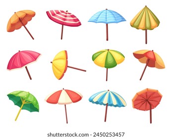 Isolated beach umbrellas. Cartoon umbrella for summer leisure and ocean resting. Sun skin protect, open colorful parasols, nowaday cartoon set