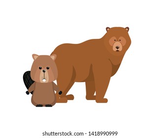 Isolated bear and beaver forest animal design