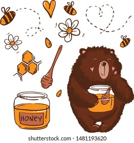 Isolated bear illustration drawn in vector, cartoon style. Elements of the set: honey, spoon for honey, bees, honeycombs. Can be used for children's textiles, clothing, invitations, children's books