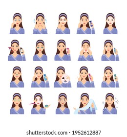 Isolated beautiful brunette woman doing face skin care routine, procedures with various cosmetics. Cartoon flat color style. White background.Vector stock illustration.