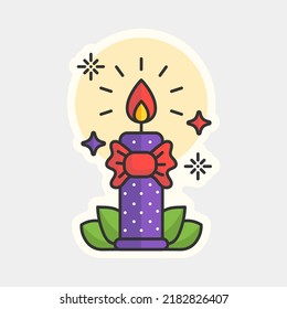 Isolated Beautiful Decorative Candle With Bow Ribbon And Leaves Icon In Sticker Style On White Background.