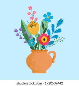 Isolated beautiful flower bouquets in wrapping and blooming plant in clay or plastic flowerpots. Tulip and bud composition. Decorative florist shop item on blue background