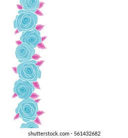 Isolated beautiful flowers drawn watercolor in blue and magenta colors. Vertical tropical colorful seamless pattern. Vector illustration. Seamless floral background with place for your text.