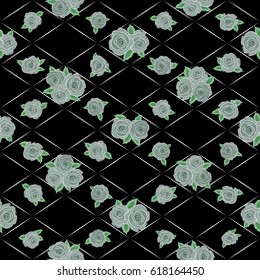 Isolated beautiful flowers drawn watercolor in green colors on black background. Seamless floral background. Tropical colorful seamless pattern. Vector illustration.