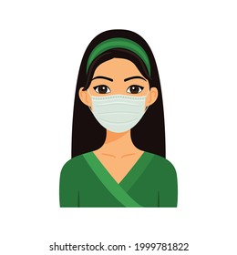 Isolated beautiful Indian woman wears medical mask on face. Avatar of a Turkish girl in a medical mask. Brazilian lady protection from infections and coronavirus. Flat cartoon color style. Vector.