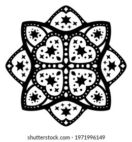 Isolated beautiful monchrome single pattern with black heart shapes and stars on the white background