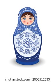 Isolated Beautiful Russian Doll. Matryoshka in a Blue Scarf and a Dress. Floral pattern, Daisys on the Head. Toy in a Traditional Handmade style. Slavic Symbol. White background. Vector illustration.