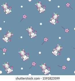 Isolated beautiful unicorn on a blue background seamless pattern