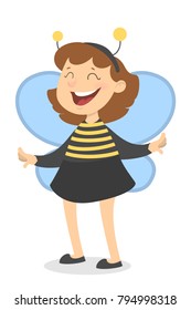 Isolated bee girl with striped costume and wings.