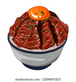 Isolated beef steak rice bowl,Donburi, Japanese meat grill with egg York on top menu, hight protein dish, hot bowl, Authentic Anime food hand drawing vector on white background. Popular Asian menu. 