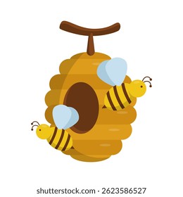 Isolated beehive flat illustration with two bees