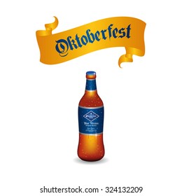 Isolated beer bottle with text and a ribbon on a white background