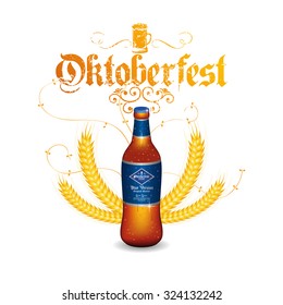 Isolated beer bottle with text and wheat on a white background