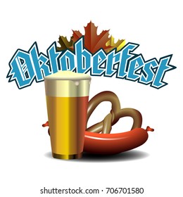 Isolated beer glass with a sausage and a pretzel, Oktoberfest Vector illustration