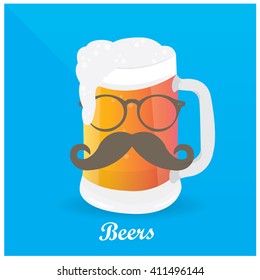 Isolated beer mug with beer, text, a glasses and a mustache on a blue background