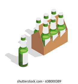 Isolated beer pack isometric composition with seven green glass bottles on white background vector illustration