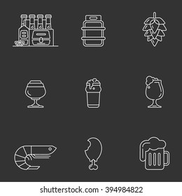 Isolated beer and snacks line icons on dark background