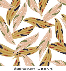 Isolated beige and pink colored leaf ornament seamless pattern. random foliage print on white background. Decorative backdrop for fabric design, textile print, wrapping, cover. Vector illustration