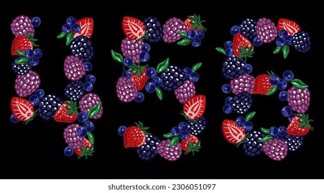 Isolated berries numbers, four, five, six. Figures on the black background. Vector