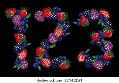 Isolated berries numbers, one, two, three. Figures on the black background. Vector