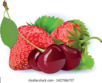 Isolated berries. Three red ripe cherries with stem & leaves and strawberry. Sweet fruit. Fresh, nutritious and tasty cherries. Symbols of berries. Elements for label design. Healthy food.