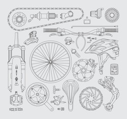 Isolated Bicycle's Parts. Vector Linear Elements