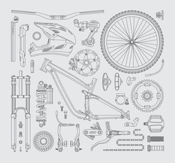 Isolated Bicycle's Parts. Vector Linear Elements