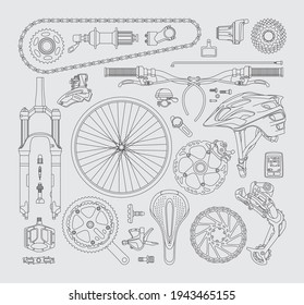 Isolated bicycle's parts. Vector linear elements