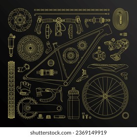 Isolated bicycle's parts. Vector linear elements