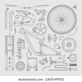 Isolated bicycle's parts. Vector linear elements