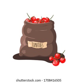 Isolated big brown bag with cherry tomatoes with title on the bag cartoon realistic vector stock illustration. Farm products icon with bag of vegetables