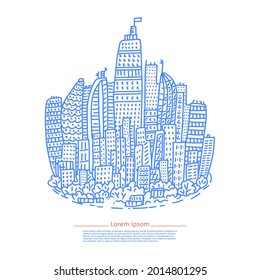 Isolated big city metropolis with modern buildings and skyscrapers in a doodle style. vector illustration isolated on white background