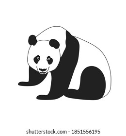 Panda grande aislado de estilo plano sobre fondo blanco. Silueta blanca y negra de panda sentada. Diseño sencillo de iconos o logotipos. Morir la mirada. Animales raros. Ilustración vectorial. 