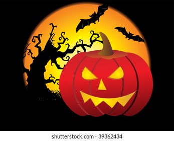 isolated big pumpkin with retro tree, bat