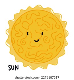 Isolated big yellow sunny face with rays and lines on it like bubbling lava. Cartoon vector illustration of a cute smiling sun with a caption. Use for a logo for children's products