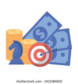 Isolated bills coins chess and target design vector illustration