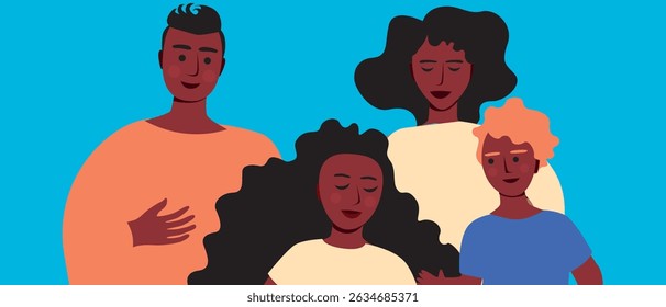 Isolated BIPOC Family with black kids as family fun concept, flat vector stock illustration with mom, dad and kids