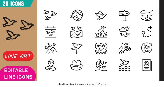 Isolated bird migration icons set, 20 editable line art icons set, bird migration, wildlife nature ecology, seasonal flight animals, conservation theme, clean outline vector