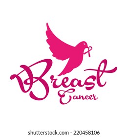 an isolated bird with a pink symbol and text against breast cancer