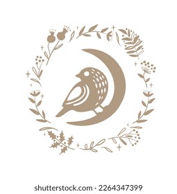 Isolated bird symbol in a frame made of plants in vintage colors. Spring and summer print for textile, typography and web.