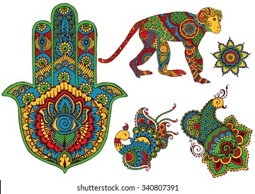 isolated birds, monkey, and hamsa in the style of hand-painted mehendi