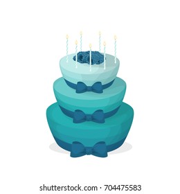 Isolated birthday cake on white background. Big blue and turquoise cake with candles and bows.